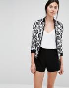 Helene Berman Bomber Jacket In Black & White Rose Jacquard