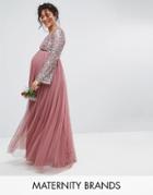 Maya Maternity Long Sleeve V Neck Maxi Dress With Tonal Delicate Sequins - Purple
