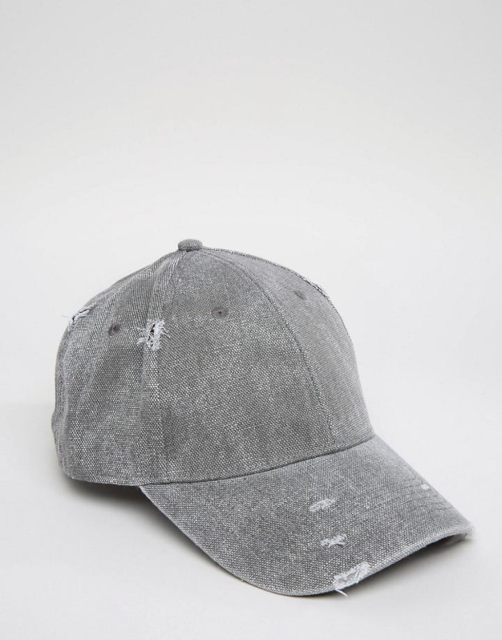 Asos Distressed Baseball Cap In Charcoal - Gray