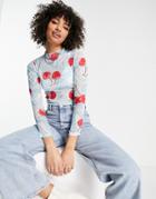 Asos Design Fitted Mesh Top In Wavy Cherry Print - Lblue-blues