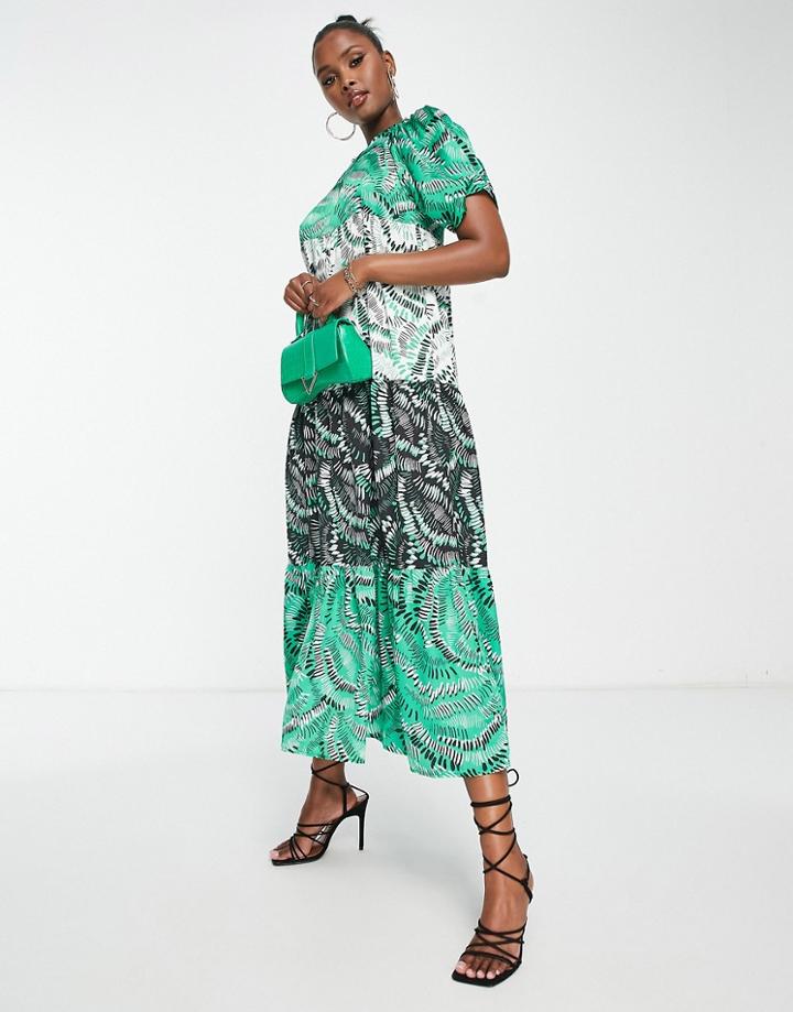 Liquorish Smock Midi Dress With Puffy Sleeves In Contrast Colors-multi