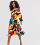 Flounce London Tall Wrap Front Midi Dress In Print-multi