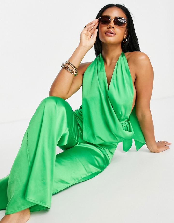 Asos Design Satin Halter Neck Beach Jumpsuit In Green