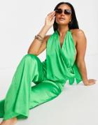 Asos Design Satin Halter Neck Beach Jumpsuit In Green