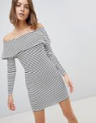 Asos Design Long Sleeve Bardot Bodycon Dress In Stripe - Multi