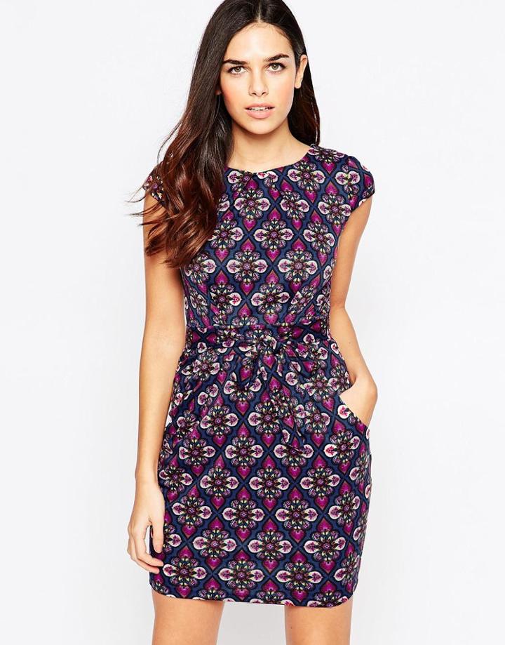 Qed London Printed Tulip Dress - Navy