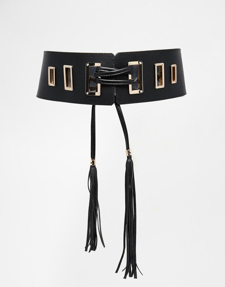 Asos Waist Belt With Tassel Tie Detail And Square Eyelets - Black