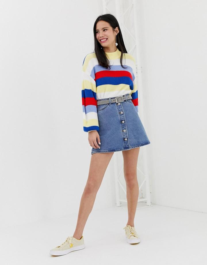 Monki Button Up A-line Skirt In Blue - Blue