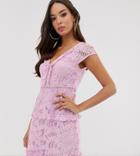 Prettylittlething Lace Midi Dress With Tiered Skirt In Lilac - Purple