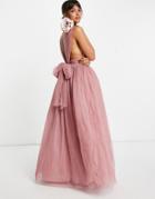 Asos Design Tulle Plunge Maxi Dress With Bow Back Detail In Rose-blues