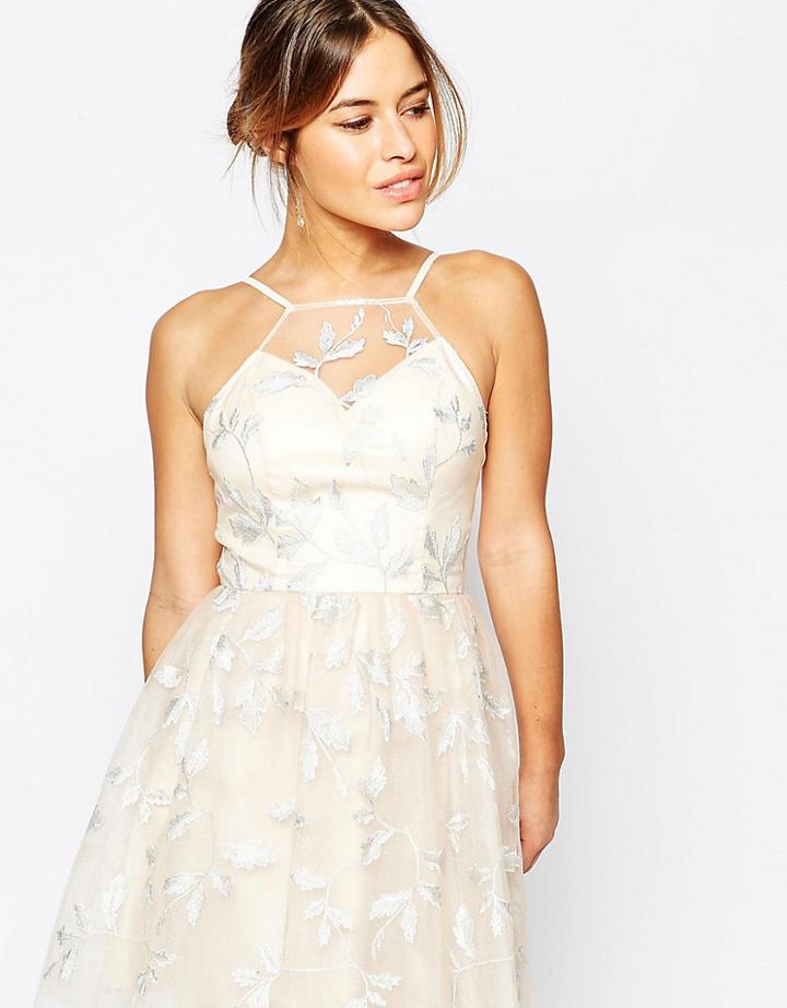 Chi Chi London Petite Embroidered Halter Prom Dress - Pink