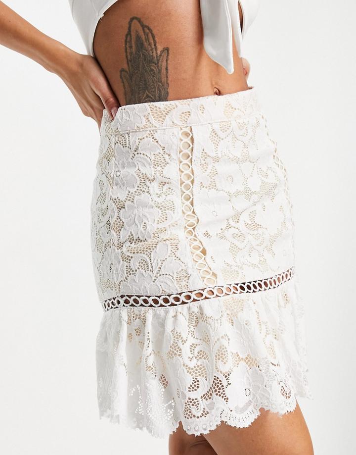 Love Triangle Lace Mini Skirt With Flounce In Ivory Set-white