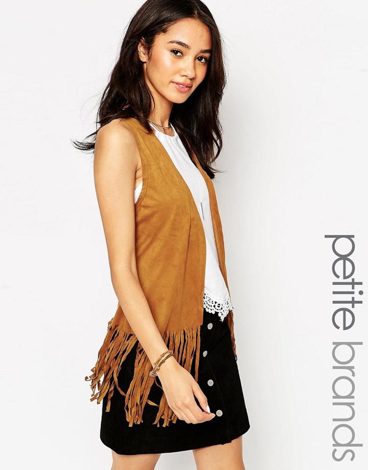 New Look Petite Suedette Fringed Vest - Tan