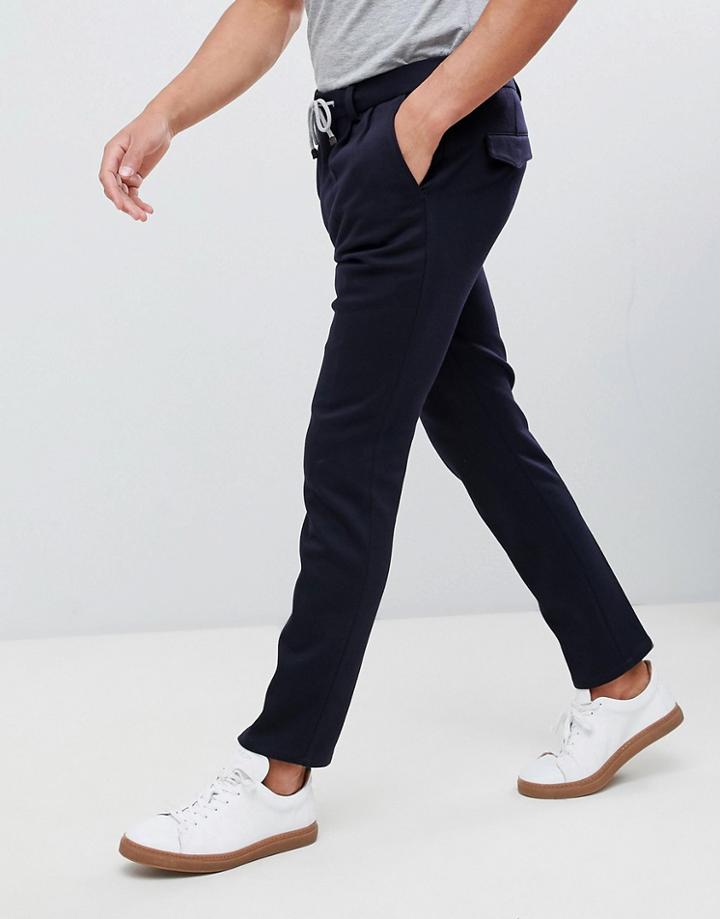 Moss London Drawstring Tapered Jersey Pants In Navy - Navy