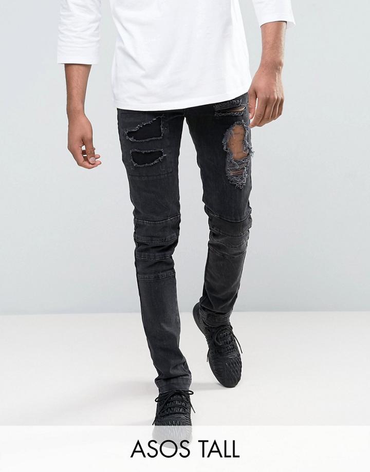 Asos Tall Skinny Jeans With Biker Zip And Rips Details In Washed Black - Black