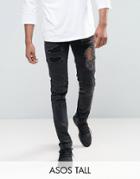 Asos Tall Skinny Jeans With Biker Zip And Rips Details In Washed Black - Black