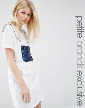 Liquor & Poker Petite Overall Style Denim Dress With Multi Sequin Bib - White