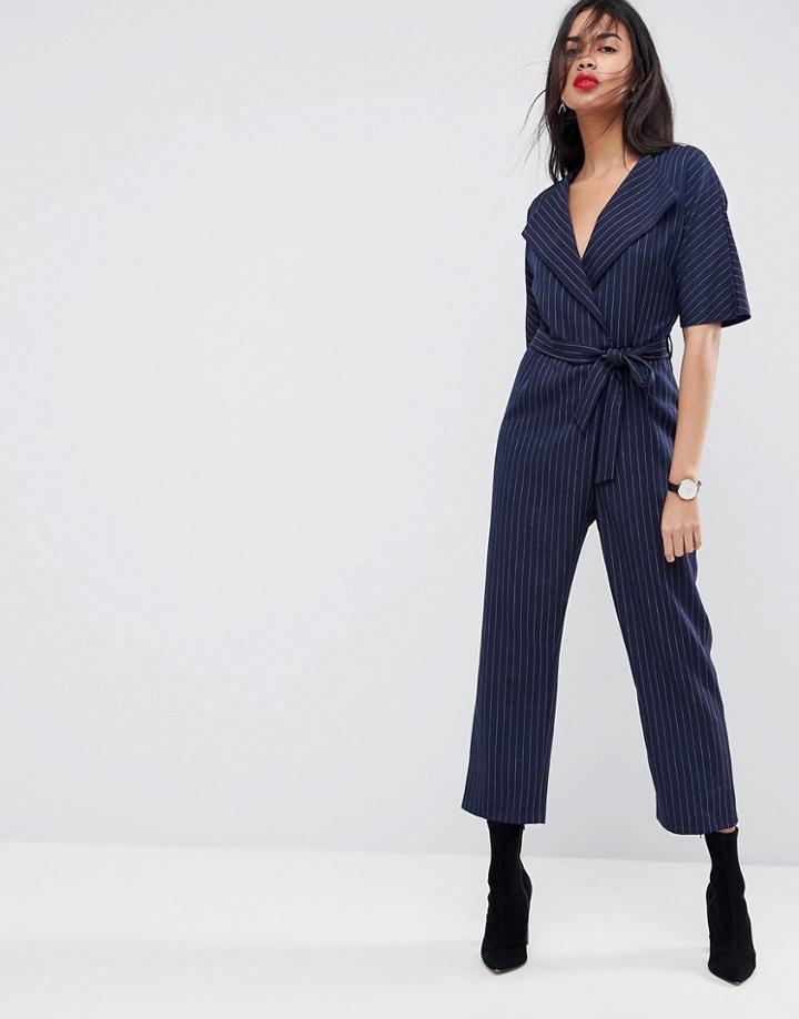 Asos Wrap Jumpsuit With Self Belt In Pinstripe - Navy