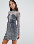 Asos Night High Neck Embellished Mini Dress - Silver