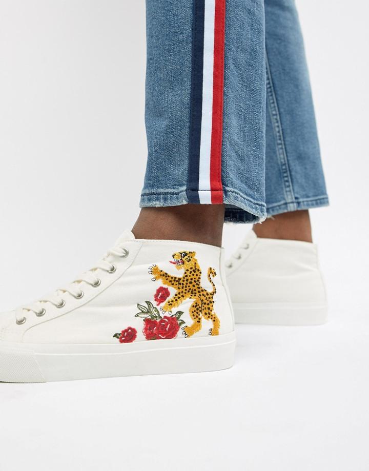 Asos Design Mid Top Sneakers With Embroidery - White