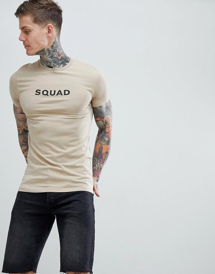 Asos Design Muscle T-shirt With Squad Print - Beige