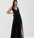 Asos Design Tall Tie Shoulder Pleated Crop Top Maxi Dress-black