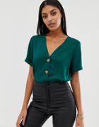 Asos Design Boxy Top With Contrast Buttons - Green