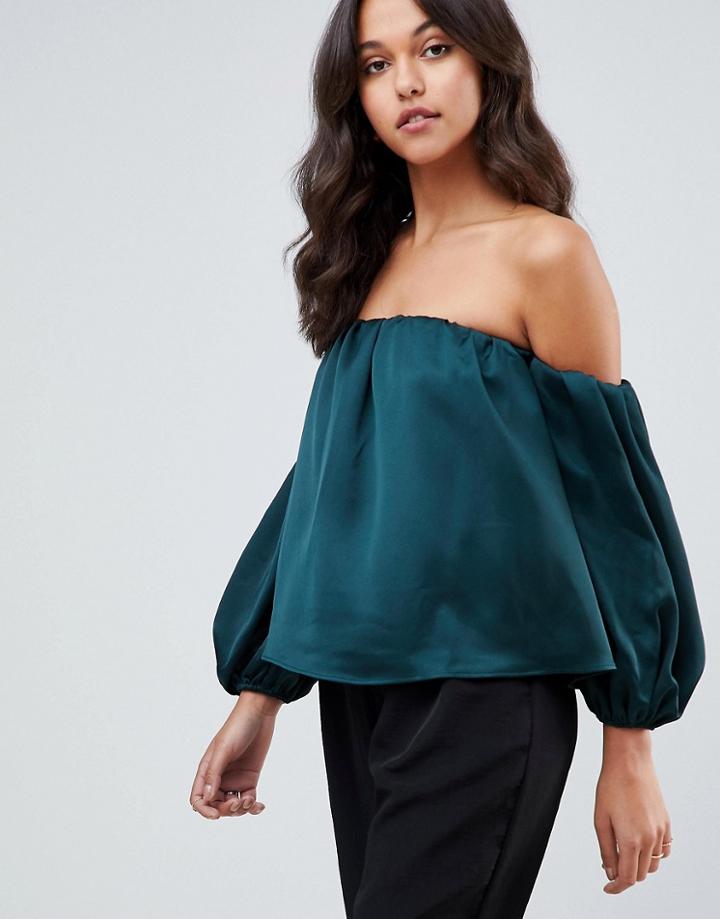 Asos Satin Off Shoulder Top With Balloon Sleeve - Green