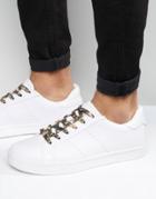 Asos Lace Up Sneakers In White Snakeskin Effect With Camo Laces - White