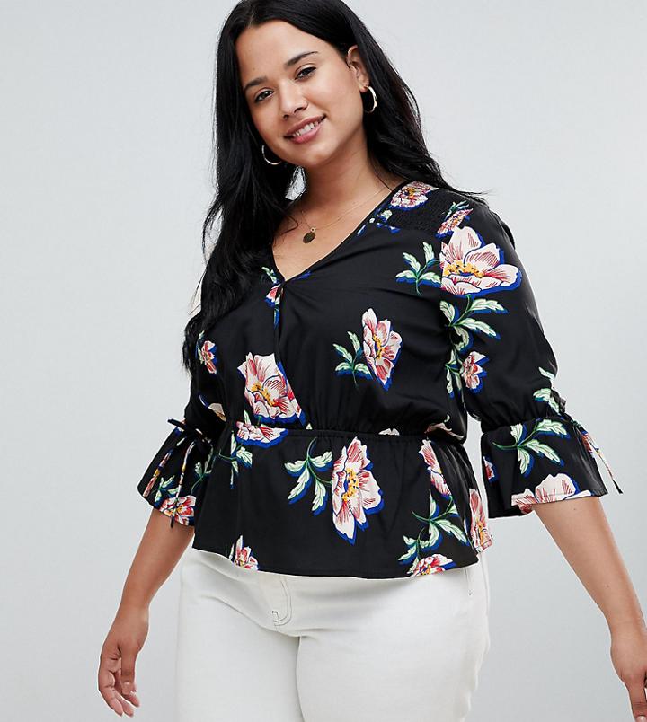 Influence Plus Floral Print Wrap Blouse - Black