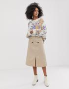 Asos White Twill Midi Skirt With Front Storm Flaps-beige