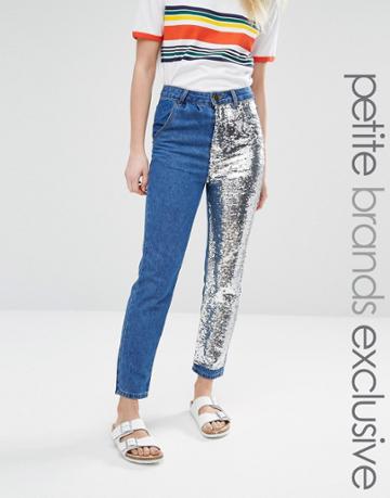 Liquor & Poker Petite Boyfriend Jeans With One Sequin Leg - Blue