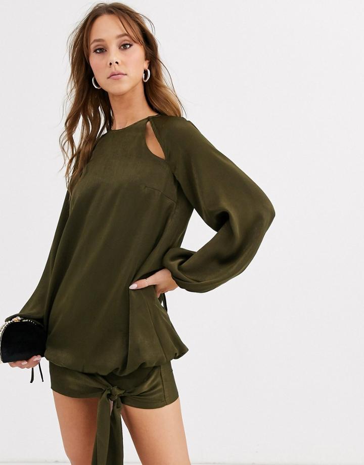 Asos Design Mini Dress In Satin With Cut Outs And Blouson Hem-green