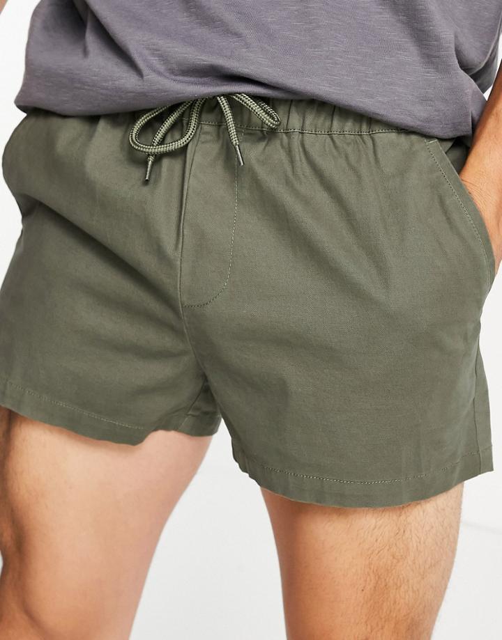 Asos Design Slim Super Short Chino Shorts With Elastic Waist In Green