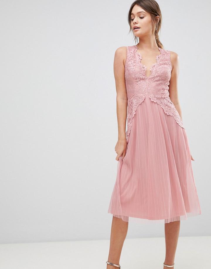 Asos Lace Top Mesh Pleated Midi Dress - Pink