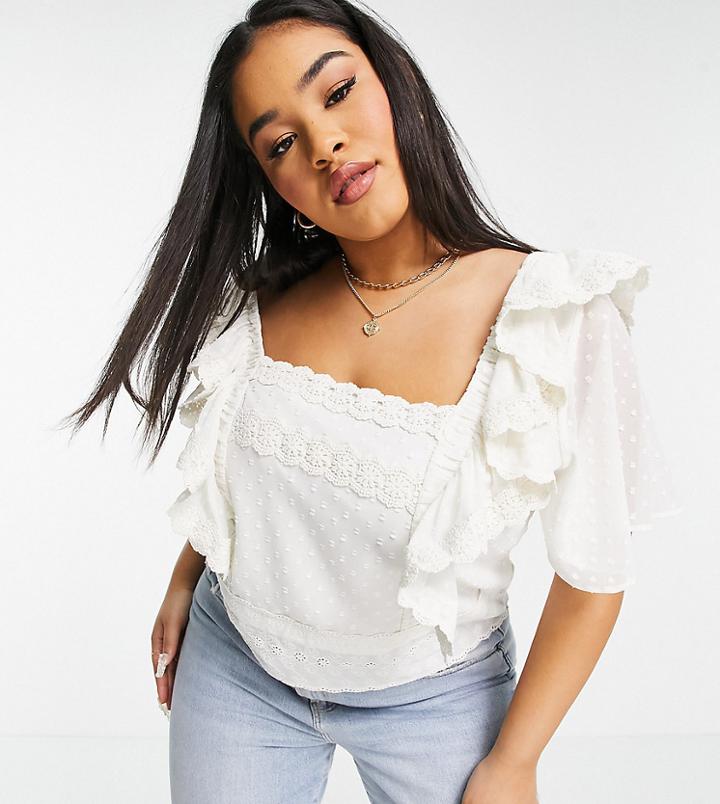 Hope & Ivy Plus Eyelet Frill Sleeve Top With Bow Tie Back In Ivory-multi