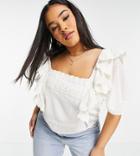 Hope & Ivy Plus Eyelet Frill Sleeve Top With Bow Tie Back In Ivory-multi