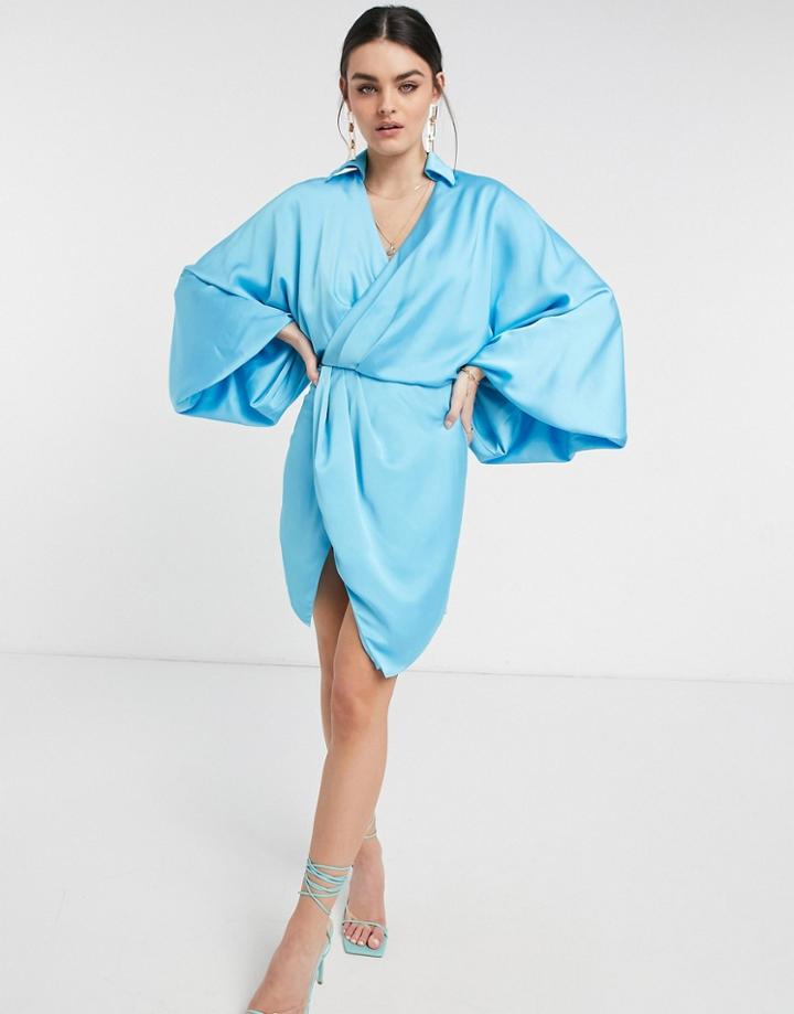 Asos Design Blouson Sleeve Satin Shirt Mini Dress With Open Back In Blue-blues
