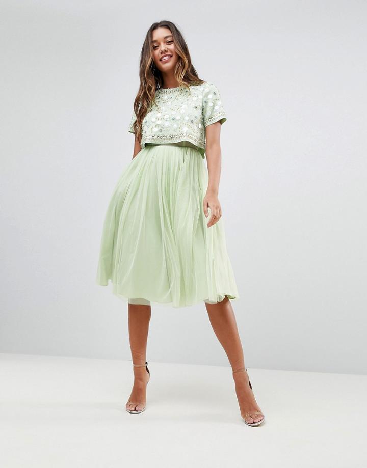 Asos Embellished Crop Top Tulle Midi Dress - Green