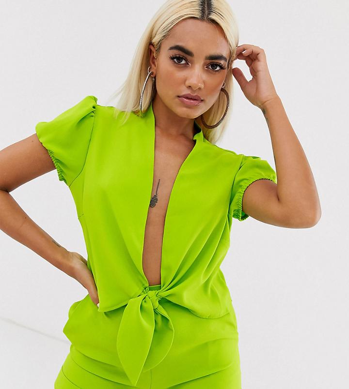 John Zack Petite Wrap Crop Top Two-piece In Neon Green