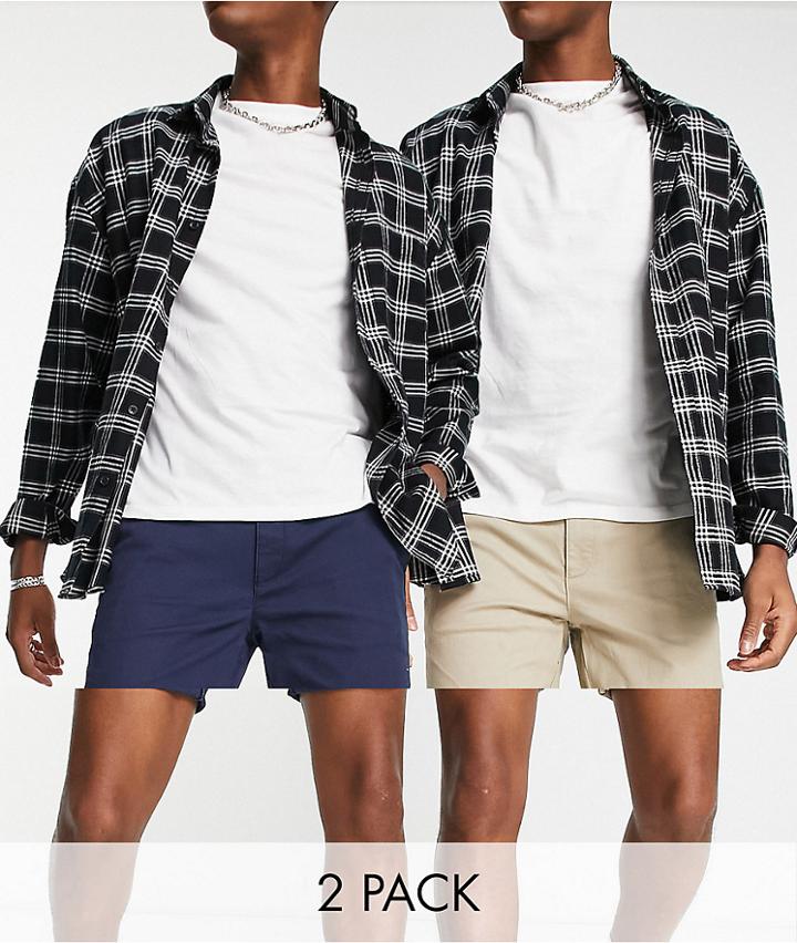 Topman 2 Pack Skinny Chino Shorts In Navy And Stone-multi
