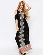 Liquorish Cold Shoulder Maxi Dress In Floral Border Print - Blue Floral