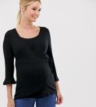 New Look Maternity 3/4 Sleeve Wrap Nursing Top In Black