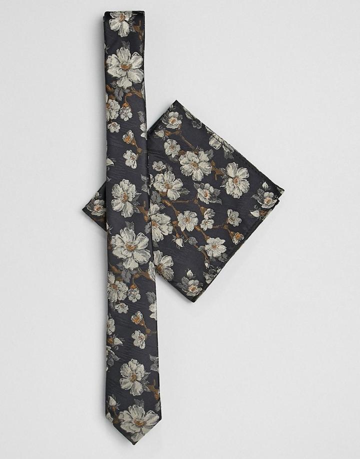 Asos Design Floral Wedding Tie And Pocket Square In Black - Navy