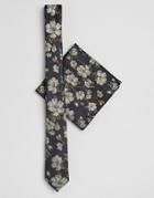 Asos Design Floral Wedding Tie And Pocket Square In Black - Navy