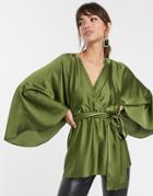 Asos Design Satin Plunge Top With Kimono Sleeve And Tie Waist-green