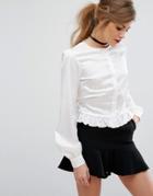 Fashion Union Peplum Hem Tie Up Satin Shirt - Cream