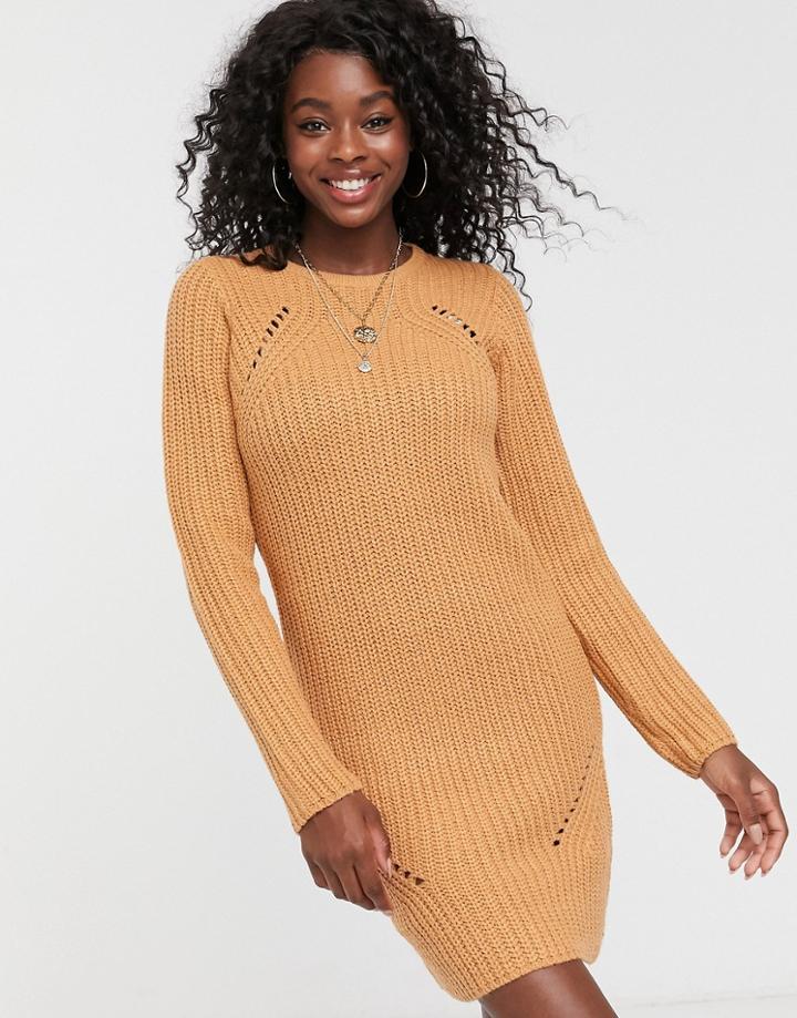 Brave Soul Pointelle Sweater Dress In Camel