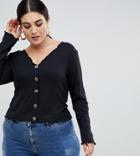 Asos Design Curve V Neck Top In Rib With Button Front And Long Sleeve - Black