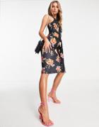 Asos Design One Shoulder Side Knot Midi Dress In Black Floral Print-multi